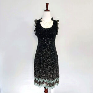 ANNA SUI | ANTHROPOLOGY 100% Silk Polkadot Midi Dress Size 2 Ruffle Sleeveless